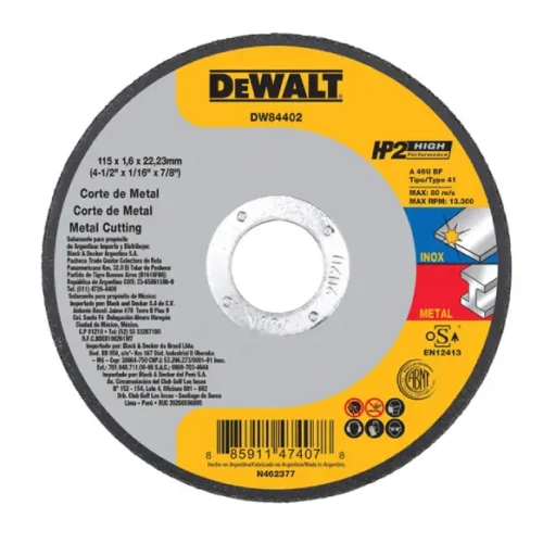 Disco corte acero inoxidable 4-1/2″ – 115mm HP2 DeWALT DW84402