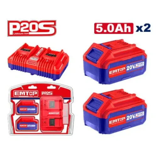 Kit 2 baterías 5.0Ah 20V + Cargador doble 4.0Ah 20V EMTOP ELBCPK2425